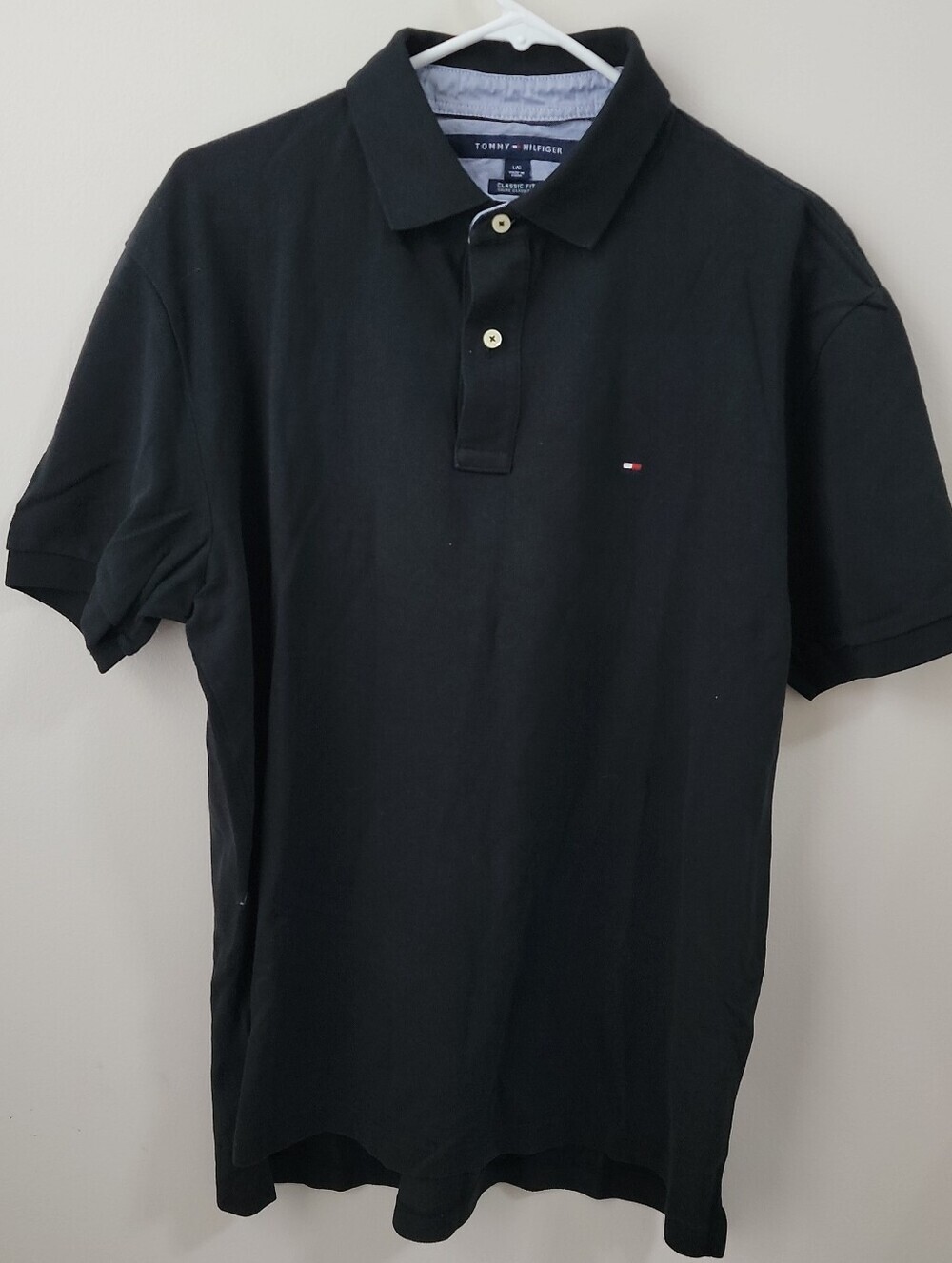 Tommy Hilfiger Classic Fit L Black Embroidered Box Logo Polo Shirt Bottom Up EUC